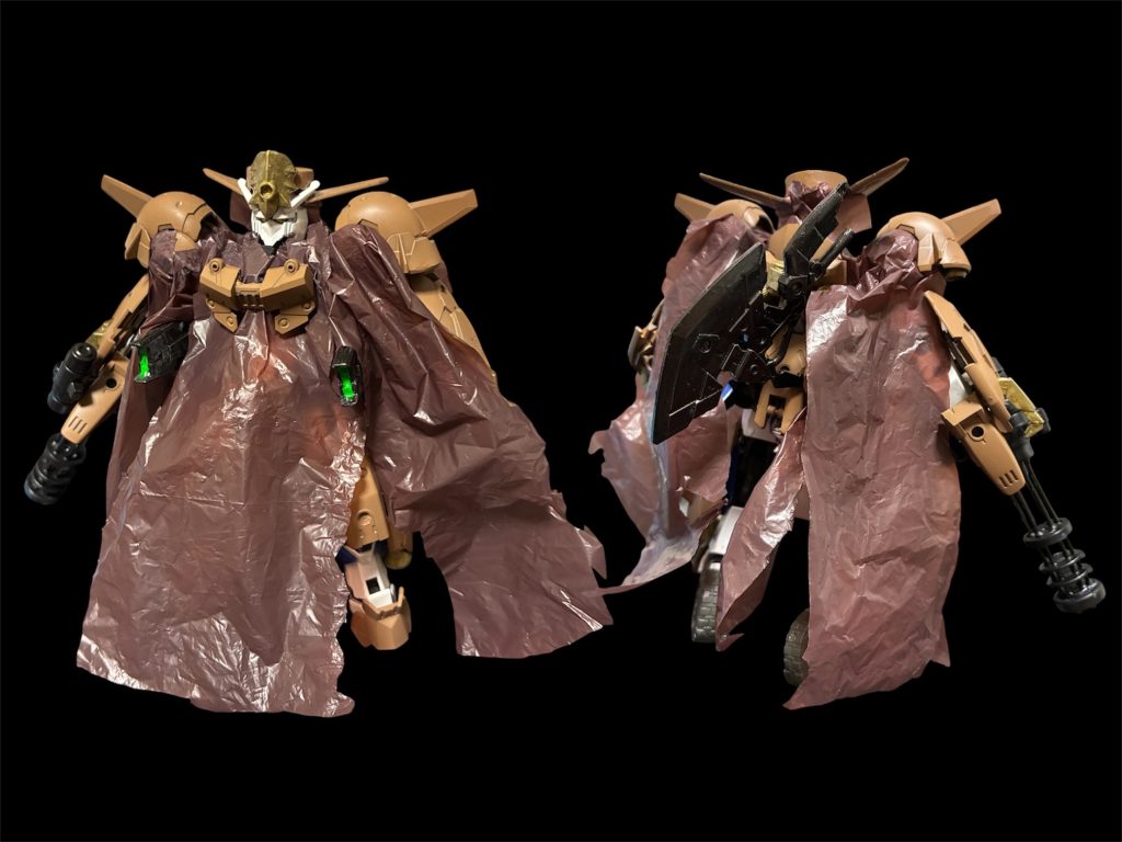 ガンダム無頼スター。既出のガンバレットに30mm オプションパーのフルアーマ2を移植し、ジャンクとビニール袋でディテールアップ^_^目指すは西部開拓時代の悪名高い賞金首^_^