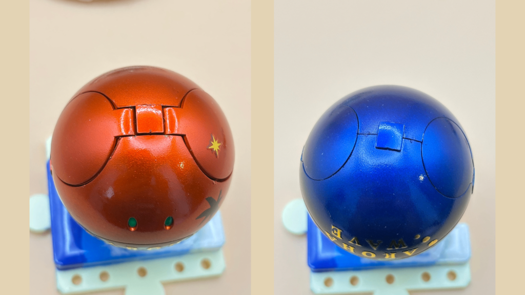 上下も一応…どちらもピンを差す穴が仕込まれてますが、塗装が剥げるのであまり触りたくないところですね💧塗装についてはグレーサフを下地にしてスターブライトシルバーを乗せて…オレンジの部分はガイアカラーのスターブライトゴールドからのクリアオレンジブルーの部分はMr.クリアカラー GXディープクリアブルーで塗ってます✨久しぶりにキャンディ塗装しました✨