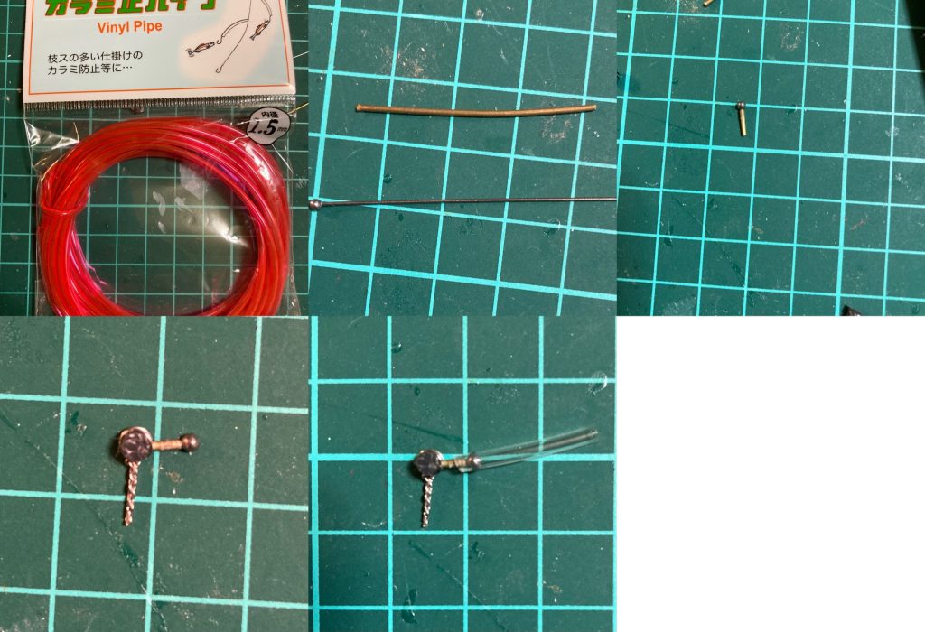 肩胴体の接続はこんな感じです。ジョイントの材料は内径1.5mmのカラミ止めパイプ、1.0*0.6mm真鍮パイプ、線径0.6mmのボールピンです。