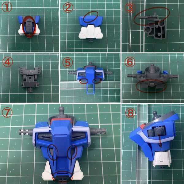 MGデスティニーの腹部改造記録です。フリーダム2.0の腹部・腕パーツを流用してミキシングされている方をよく見かけたので、私も便乗して挑戦してみました。当初MGEXストライクフリーダムから移植しようかと一度分解までしたのですが、さすがに勿体なくて断念…ということで、今回はフリーダム2.0パーツを使った改造です。 加工工程①③ 腹部の出っ張りパーツをカット。② 背中側の出っ張りを削り落とします。④ 切除断面をヤスって面を整える工程。白化は後で消します⑤⑥ こちらも同様に、組み合わせた時に干渉する出っ張りを除去。⑦ スキマができるので後で適当なパーツを付けてデティールアップする⑧ 横から見たときのこの角度のライン、揃っていないとおそらくシルエットがおかしくなる…⑨⑩ 腹部側にプラ板を挟み込み、接続用に中心へ5mm径の穴を開けます。⑪ 胸側には対応する5mmプラ棒を接続。⑫ 差し込んで、とりあえずお腹まわり概ねいいかな!(2枚目)
