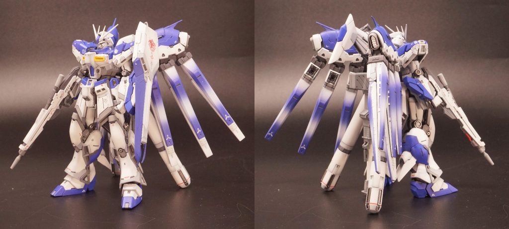 素のHi-νガンダムの全身写真です。カラーガイドから白や青の色味を替え、ゴールドやシルバーもグレー等に置き換えています。塗り分けもMG Ver.kaに近い感じにしています。