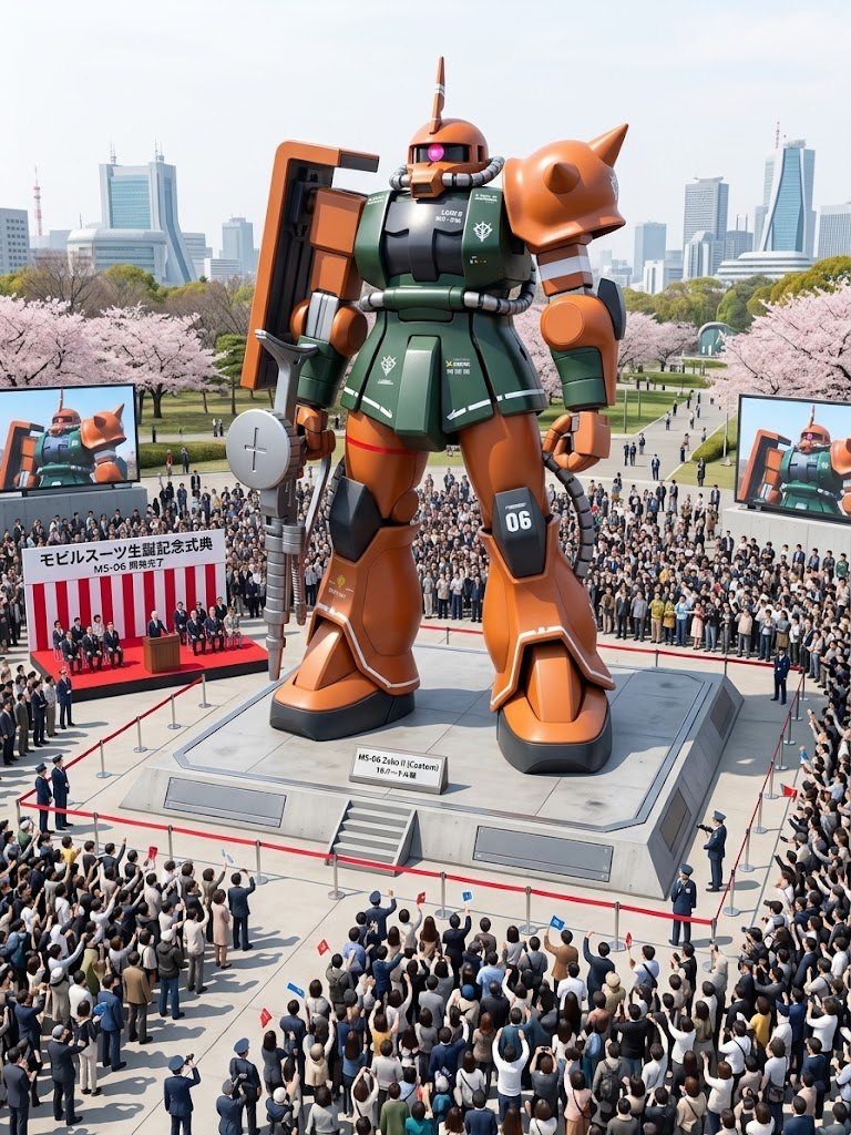 ガルマ専用ですが、殆ど前線に出る事は無くほぼ式典用だったのでは？と考えて、日本の天皇陛下がお乗りになるお召列車のコンセプトで艶有りで仕上げ、武装・関節や動力パイプはジェラルミン塗装しています、ＡＩに画像を作らせたらこんな感じになりました(zaku-kao5)