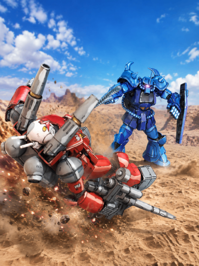 グフは砂漠の戦闘シーンも多く描かれてます。ガンキャノンをブッ飛ばすシーンありましたよね。このショットはお気に入りです！