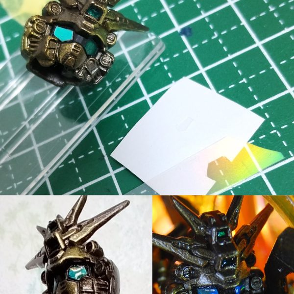 ①スペリオルディファインゴッドの気になったところを改修。立体のSDとしては珍しく、スーパーディフォルメの足が小さくなるパースを拾った造形。SDガンダムといえばドッシリとしたでかい足というイメージを持ってる人もいるけれど、イラストのSDでは足が小さくなることも普通にある。立体とイラストで求められてるデザイン・機能が違うので、機能美的な面でディフォルメを見てみると色々発見があって面白い。　小さくなるパース自体、立体では拾われにくい気がするのでここがスペリオルディファインの特徴的でよいところ。…なのだけど立体物として見る方向が限定されすぎてしまうのと、ゴッドフィンガーの見たいアングルってこれで合ってんのかなと思うのでこの辺に手をつけていく。　小さくなるパースは、動きの振れ幅を作れない短い足でも躍動感を出すため（片方の足が見えなくなることで傾いた三角形のような動きのあるシルエットになる・脚が奥に行くことで手前に飛び出すような奥行きが出せる）の表現でもあると思うので、膝があり脚の長さもあるスペリオルディファインでここまで脚を退縮させる必要があるのかな、というモヤモヤもちょっとあり。ただ今回はスペディファの特徴を尊重する方針でいく。②フル可動ではなく、フィンガーポーズ固定だけれどニュアンスは様々に出せるようにパーツ分割箇所に可動軸を追加。右腕はバックパック側につけ、バックパックの可動で右腕を動かす。BB戦士239シャイニングの「股間でなくサイドアーマー側に脚が付いてる可動方式」から読み取れる「動かした時に干渉するものがある場合、干渉するものの方に可動の起点をつくるべし」という発想をかなり極端な形で活かしたもの。背中から腕が生えてるようなフィンガーの踏み込みポーズを再現できる。③元のポーズはけっこう固い印象を受けたので、固定ポーズとしてもっと極端な動きをつける方針。ポーズは膝のある・脚の長さのあるSDとしてつけた。④焼き鉄色下地にハマってたので今回もまず焼き鉄色を筆塗り。手甲などにはゼウスシルエットゴールド。上からクリアイエローを吹けば、元祖SDゴッドガンダム真のハイパーモードの成型色っぽい感じに。一応キャンディ塗装なのでライティングでまた印象が変わる。　下半身はリアアーマーパーツの接続軸を3ミリ軸に置き換えて回転するように。さらにリアアーマー側に脚をつけることで、リアアーマーの回転可動によって脚を動かせる。これもBB戦士239シャイニングの可動の応用。脚の位置を動かして調整することによって、パースのついた小さな脚が手前側に来て見た目が破綻することを多少防ぐための工作。⑤目はメタリックグリーンで塗装、UVレジンを薄く塗ったあとに透明ホロシールを乗せて硬化。さらにまたUVレジンを塗って若干厚みをつけて完成。瞳はタミヤエナメルの水色をつまようじで載せ、さらに水性ホビーのホワイトを針で載せた。瞳は左右で形が違い厚みがあるので角度によってはちょっと破綻するが、色んな表情や表情の最高打点が出せる時があるのでこのまま採用。⑥日輪パーツなどをUVレジンで作成。黄色い日輪には三角に切ったホロシールもこっそり混ぜてみた。レジンのパーツはだいぶ苦戦、プロトタイプや失敗物がかなりできてしまった。　スペリオルディファインの発売が発表された時点からこのキラカードの立体化の案を考えていたものの、気づけば作り始めてからでも1年経ってしまいそうな勢い。「自分が良いと感じたもの」みたいな抽象的なものを形にしようと思うと、先人に頼れず自分で表現を思いつかねばならないところも多くて思った以上に苦戦。まだ手直しした方がいい部分もあるけれど、いい加減完成品をまず出力するつもりで投稿していく！（5枚目）