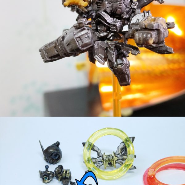 ①スペリオルディファインゴッドの気になったところを改修。立体のSDとしては珍しく、スーパーディフォルメの足が小さくなるパースを拾った造形。SDガンダムといえばドッシリとしたでかい足というイメージを持ってる人もいるけれど、イラストのSDでは足が小さくなることも普通にある。立体とイラストで求められてるデザイン・機能が違うので、機能美的な面でディフォルメを見てみると色々発見があって面白い。　小さくなるパース自体、立体では拾われにくい気がするのでここがスペリオルディファインの特徴的でよいところ。…なのだけど立体物として見る方向が限定されすぎてしまうのと、ゴッドフィンガーの見たいアングルってこれで合ってんのかなと思うのでこの辺に手をつけていく。　小さくなるパースは、動きの振れ幅を作れない短い足でも躍動感を出すため（片方の足が見えなくなることで傾いた三角形のような動きのあるシルエットになる・脚が奥に行くことで手前に飛び出すような奥行きが出せる）の表現でもあると思うので、膝があり脚の長さもあるスペリオルディファインでここまで脚を退縮させる必要があるのかな、というモヤモヤもちょっとあり。ただ今回はスペディファの特徴を尊重する方針でいく。②フル可動ではなく、フィンガーポーズ固定だけれどニュアンスは様々に出せるようにパーツ分割箇所に可動軸を追加。右腕はバックパック側につけ、バックパックの可動で右腕を動かす。BB戦士239シャイニングの「股間でなくサイドアーマー側に脚が付いてる可動方式」から読み取れる「動かした時に干渉するものがある場合、干渉するものの方に可動の起点をつくるべし」という発想をかなり極端な形で活かしたもの。背中から腕が生えてるようなフィンガーの踏み込みポーズを再現できる。③元のポーズはけっこう固い印象を受けたので、固定ポーズとしてもっと極端な動きをつける方針。ポーズは膝のある・脚の長さのあるSDとしてつけた。④焼き鉄色下地にハマってたので今回もまず焼き鉄色を筆塗り。手甲などにはゼウスシルエットゴールド。上からクリアイエローを吹けば、元祖SDゴッドガンダム真のハイパーモードの成型色っぽい感じに。一応キャンディ塗装なのでライティングでまた印象が変わる。　下半身はリアアーマーパーツの接続軸を3ミリ軸に置き換えて回転するように。さらにリアアーマー側に脚をつけることで、リアアーマーの回転可動によって脚を動かせる。これもBB戦士239シャイニングの可動の応用。脚の位置を動かして調整することによって、パースのついた小さな脚が手前側に来て見た目が破綻することを多少防ぐための工作。⑤目はメタリックグリーンで塗装、UVレジンを薄く塗ったあとに透明ホロシールを乗せて硬化。さらにまたUVレジンを塗って若干厚みをつけて完成。瞳はタミヤエナメルの水色をつまようじで載せ、さらに水性ホビーのホワイトを針で載せた。瞳は左右で形が違い厚みがあるので角度によってはちょっと破綻するが、色んな表情や表情の最高打点が出せる時があるのでこのまま採用。⑥日輪パーツなどをUVレジンで作成。黄色い日輪には三角に切ったホロシールもこっそり混ぜてみた。レジンのパーツはだいぶ苦戦、プロトタイプや失敗物がかなりできてしまった。　スペリオルディファインの発売が発表された時点からこのキラカードの立体化の案を考えていたものの、気づけば作り始めてからでも1年経ってしまいそうな勢い。「自分が良いと感じたもの」みたいな抽象的なものを形にしようと思うと、先人に頼れず自分で表現を思いつかねばならないところも多くて思った以上に苦戦。まだ手直しした方がいい部分もあるけれど、いい加減完成品をまず出力するつもりで投稿していく！（4枚目）