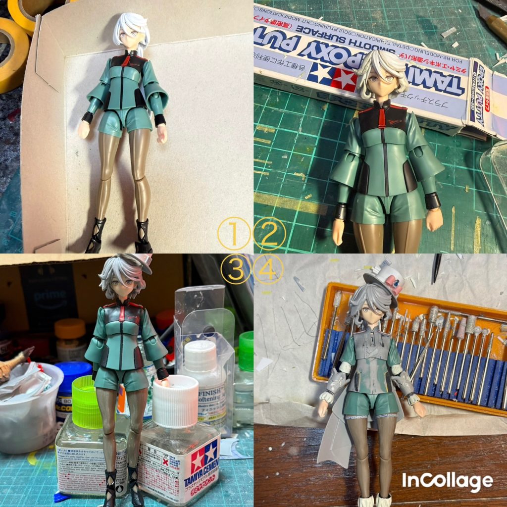 ここから制作工程になります🙇‍♂️①中古で入手したフィギュアライズミオリネです②パテ造形で髪型をフリーナに似せていきました③プラ版で作った帽子を合わせました④服装もパテなど使い造形しました&nbsp;