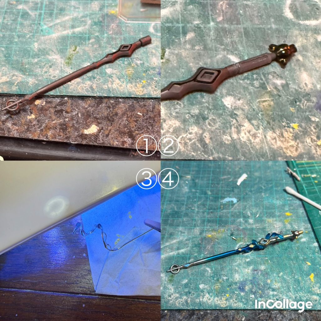 ①②武器の再現は難しいので30MMのファンタジー武器をベースにテイストだけ似せました。③④武器に絡みついたクリアパーツは真鍮線にレジンを塗り固めて作りました。制作工程は以上で終わります！　※塗装作業の写真も撮りましたが、バラバラの四肢が倫理的にアウトだったので消しました💦