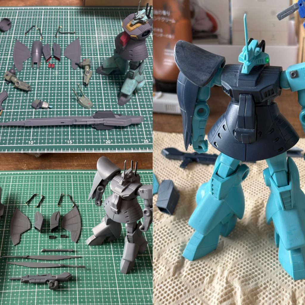 写真だと分かりづらいですが、脚の取り付けを下げて、太ももがちょっと長く見えるようにしています。その他関節にディテールアップパーツを貼り付けたりしました。