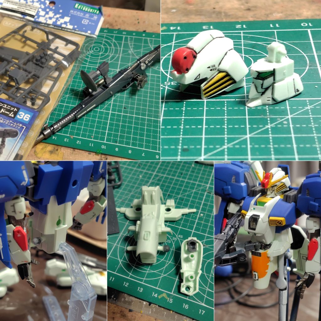 改造箇所。レドームを自作、頭部後ハメ加工、腰に3mm穴を空けてスタンド接続、股関節ボールジョイント化、ハンドパーツをビルドハンズに交換、スマートガンのジョイントをボールデンアームアームズで作成。