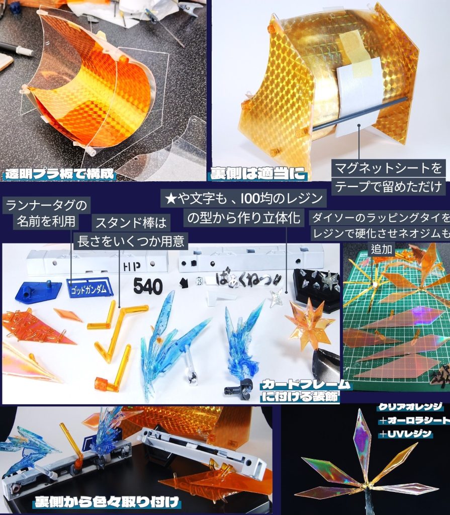 　カードベースについても。　■クリアオレンジで塗装した透明プラ板でカードベースを作成。背面はC字に曲げ、壁面は3ミリ穴で接続、固定。ホロ部分はダイソーのホログラムデザインペーパー。■額縁となるカードフレーム部分は同じく100均の連結ディスプレイベースの端を切り取ったもの。立体物として奥行きを感じられるように覗き穴のような隙間の形状をつけて少しアレンジ。■太陽☆マーク部分は、100均の☆マークの型からUVレジンで作成。中には銀のホロペーパーとオーロラシートを入れた。■背面の集中線のような演出パーツはダイソーのラッピングタイのゴールドを使用。空間にラインを入れるのに便利なアイテム。ネオジム磁石含めUVレジンでまとめて硬化、接着。カードベース側にはマグネットシートをテープで付けただけ。