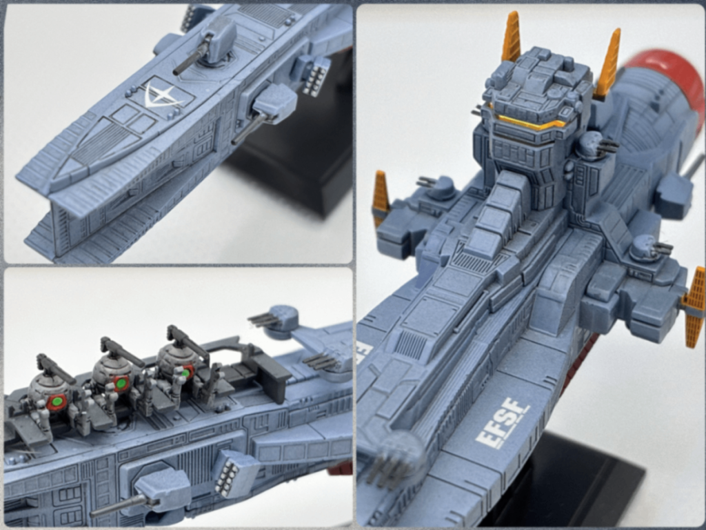 艦首に集まった武装が男心をくすぐります。微妙な角度のミサイルポッドが良いアクセントですが、塗り分けが…😅、単装砲なのが小型艦を感じさせます。貴重な単装砲を犠牲にして、IGLOOに登場したボールキャリアに換装可能！ボールの完成度も相まってこれがとにかくお気に入りです🤩艦橋周りの機銃群も控えめですね。