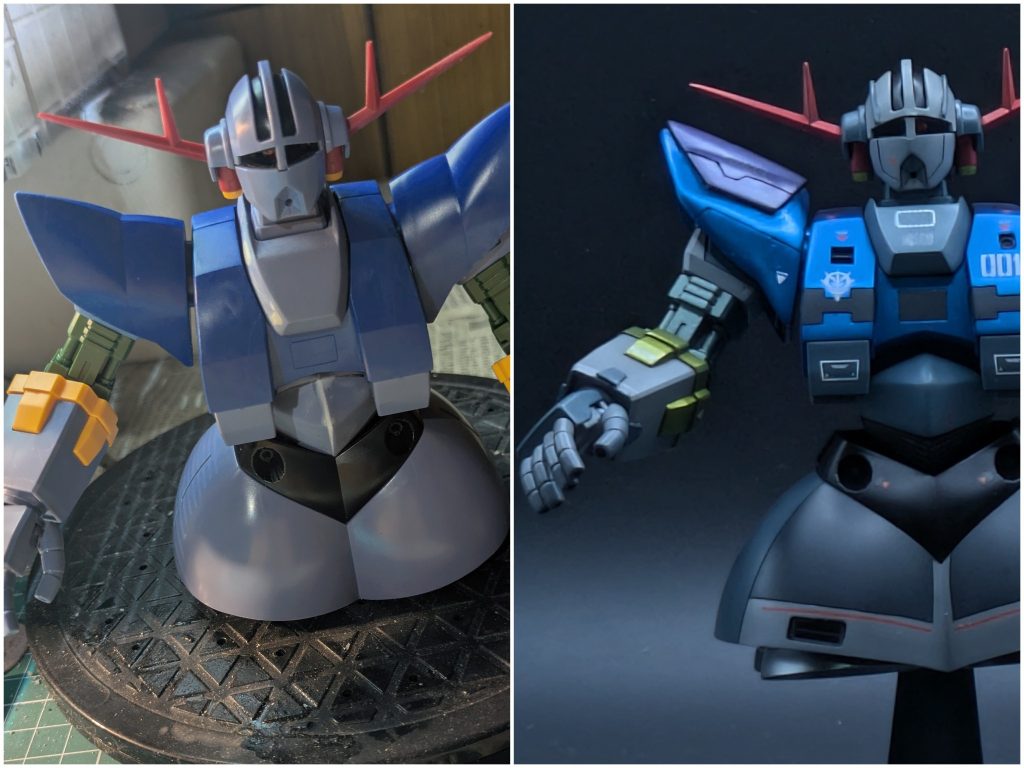 仮組み段階の元キットとディテールアップして完成したキットとの比較写真。元キットは、アニメに準じたかんじで、なんかノッペりした感じがします。肩のプラ版によるディテールアップで大分印象が変わると思います。あと、フェイスパーツ(顎部分)をシャープにしてみました。&nbsp;