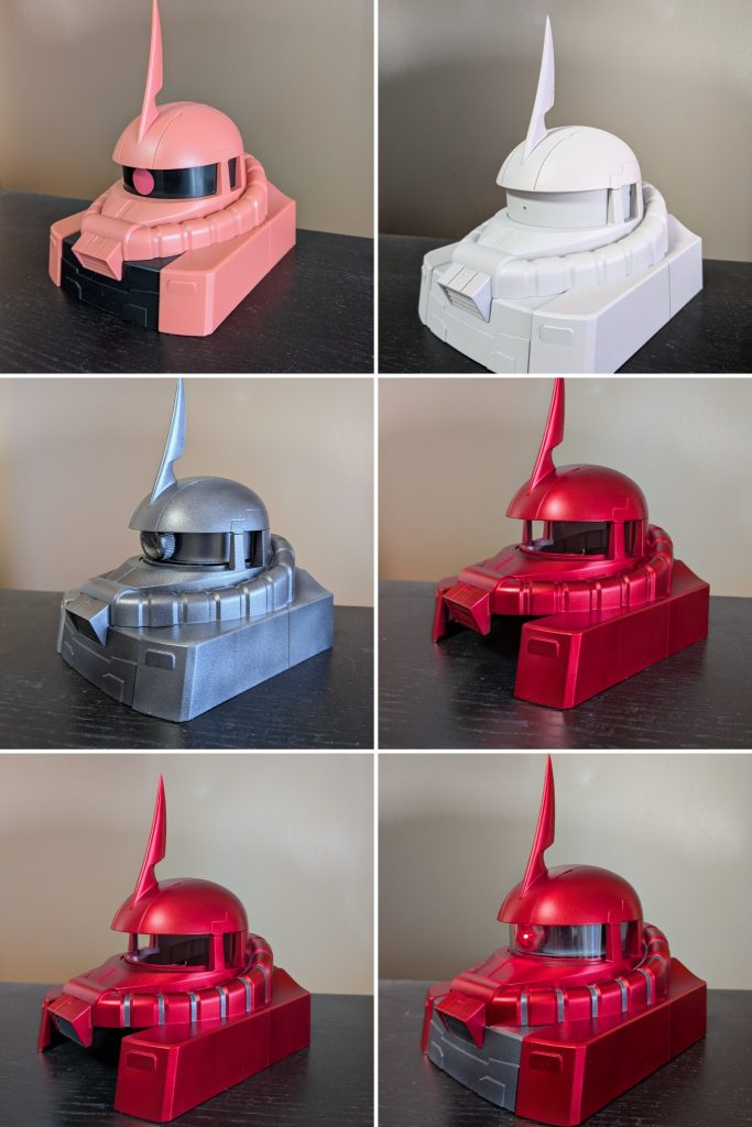 元のザクチョコボックスから・アンテナのシャープ化・キャンディ塗装．モノアイのLED化をしました。キャンディ塗装は意図せずマット調になりました。