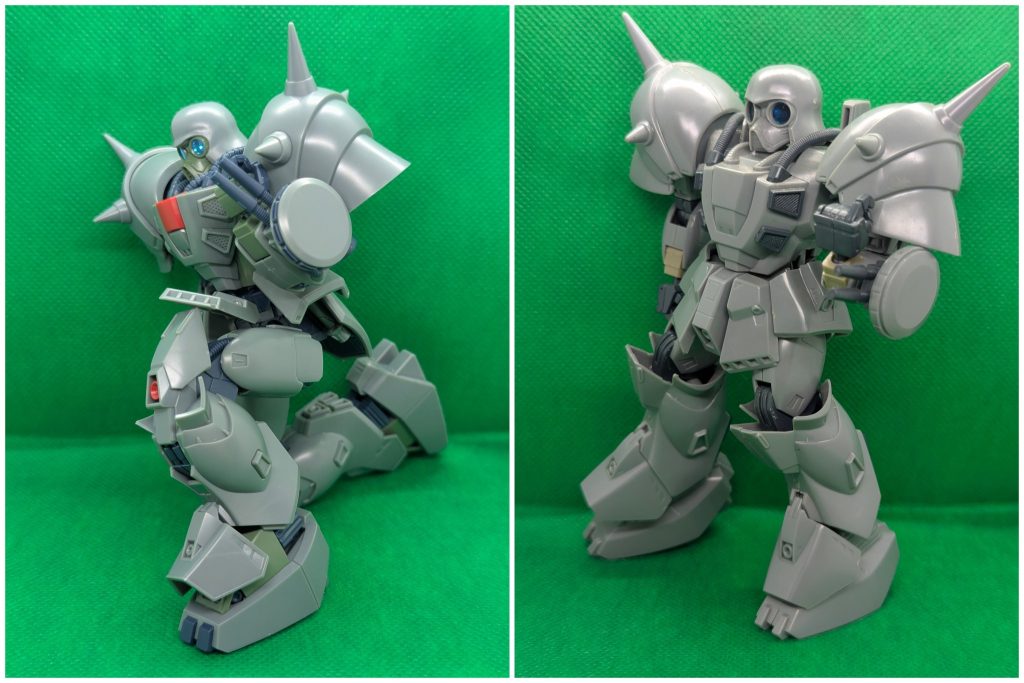 可動範囲左がRe1/100。少し傾きがちですが膝立ち可能です。ニーアーマーごと動く二重関節で膝の可動範囲はダンチです。肘も手首が肩くらいまで上がります。