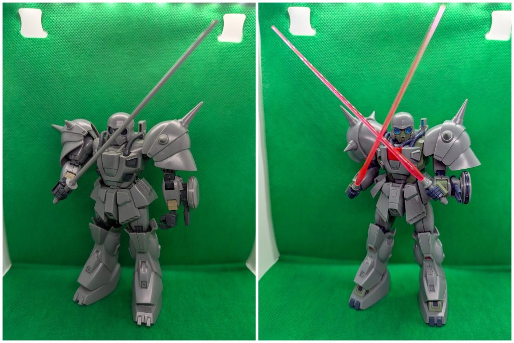 ビームサーベル旧キットは柄とビーム部が一体成形で、1本のみ付属でしたが、Re1/100ではクリア成形のビーム部と柄が別パーツ化し、２本付属します。