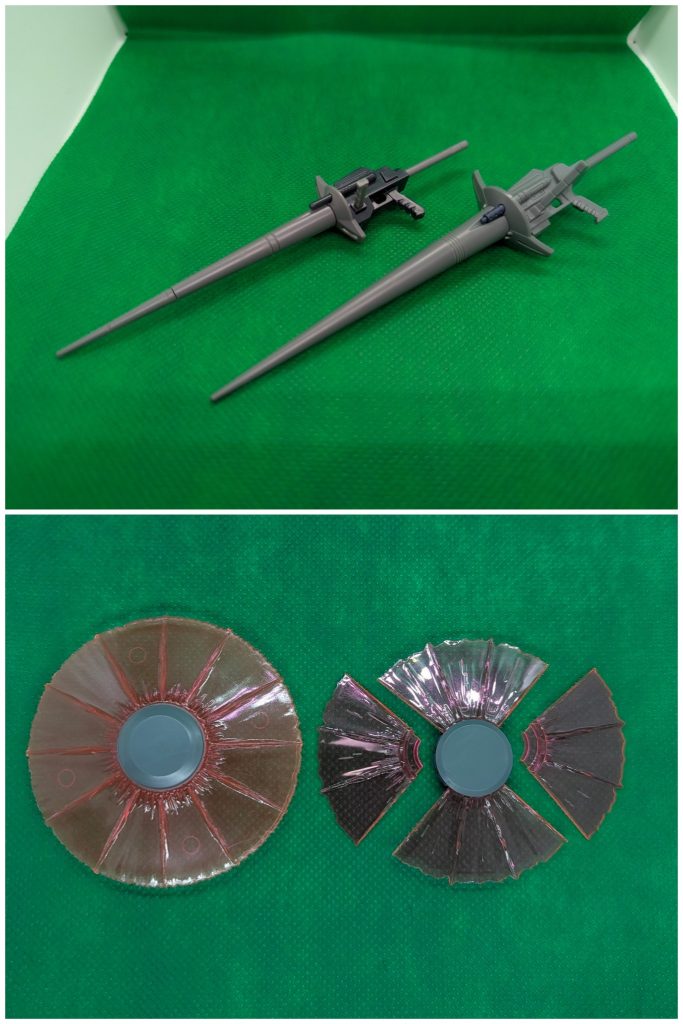 ショットランサーとビームシールド。ランサーは機能差はありませんが、Re1/100では少し大きくなりました。また先端部は射出状態を再現出来ます。シールドは旧キットではビーム部が一体成形でしたが、Re1/100では４分割できます。取付け方法も旧キットは基部ごと交換式ですが、Re1/100ではビーム部のみ差し替える方式となりました。