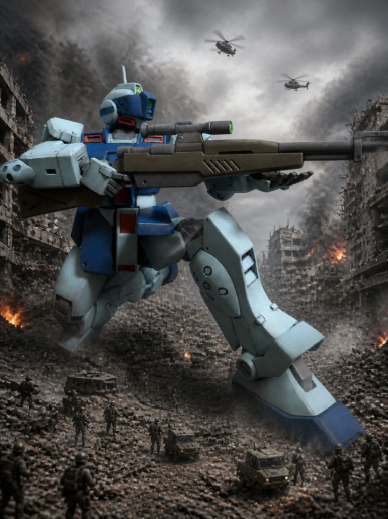 HGUCのジムスナイパー2です。背景を市街戦に変更してます。