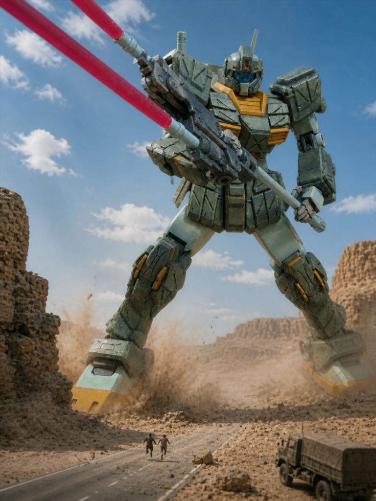 HGUCジムストライカーです。砂漠戦をイメージして加工してみました。足元に追加されたの人が少し小さい気がします。