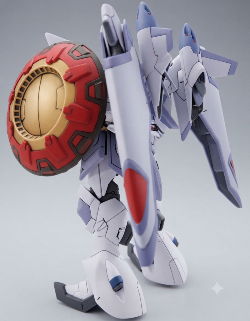 実際の作品その③ですバックパックの色分けがあまりされていないのが、ギャンシュトロームとゲルググメナースのキットの残念なところですね生成AI（Gemini）で背景も含め若干の画像処理をしています