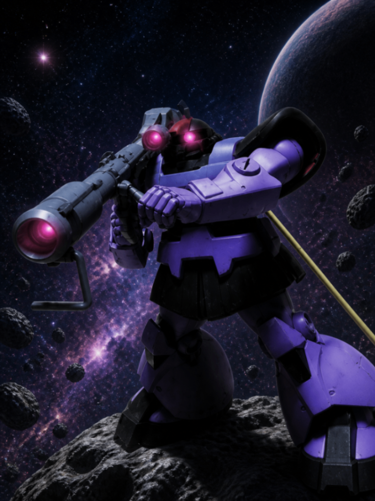 HGUCリックドムです。元の画像はガンプラの箱の内側を使用してたので宇宙空間の隕石上に変更しモノアイとバズーカのセンサーを鈍く光らせてみました。