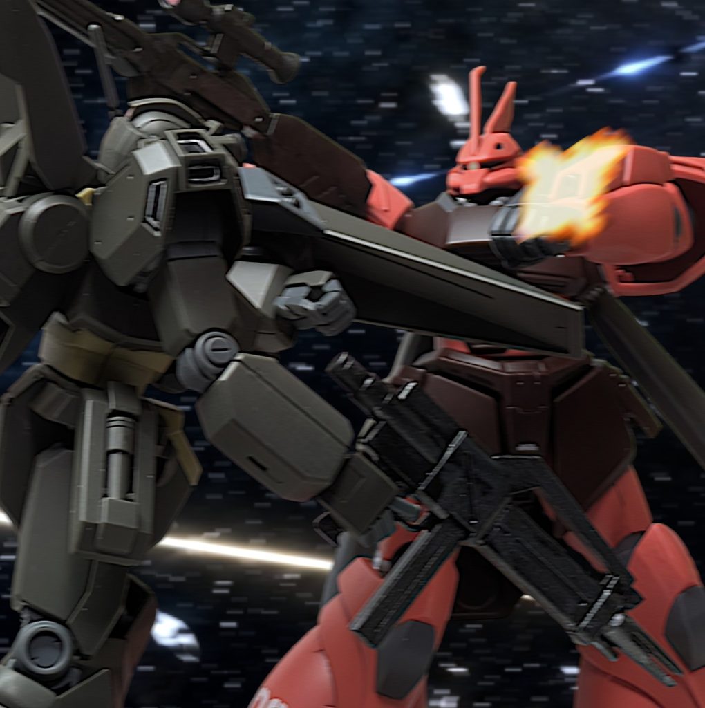 ロンソン[コイツら腕がいいぞ。各機旧式だと侮るな]エコーズ920隊シェルパ・ロンソン大尉は乱戦の中で1機のゲルググJ型と戦闘に入った。スペックだけならロンソンのジェガンDe型が勝るが敵パイロットもゲルググの性能を十二分に引き出すベテランだとロンソンはすぐに勘づいた。ロンソン[スポットガンの牽制からの即座に間合い取り…ただのテロリストじゃないな]そこへ部下からの無線が入った。[大尉!外周防衛を敵機が突破!ペガサスに取りつかれました!!]&nbsp;