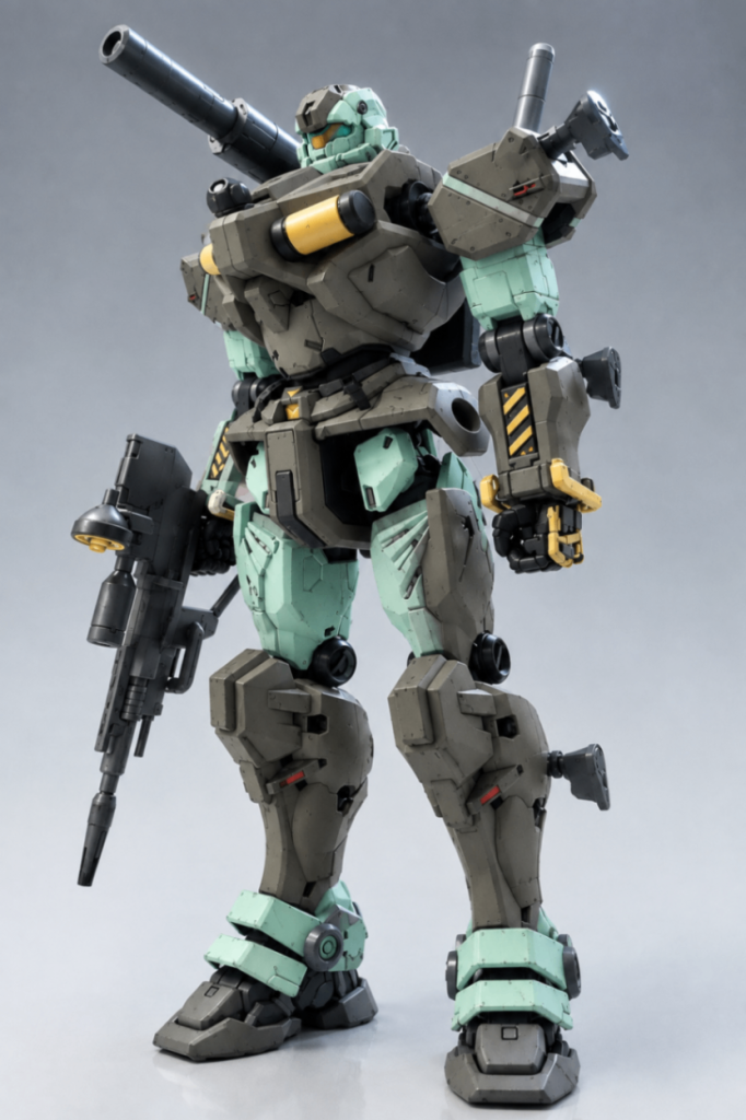 生成AI（ChatGPT）でジムキャノンⅡ風カラーにChatGPTではまだ１作だけですが、私の印象では、Geminiに比べて指示が伝わりやすい感じと、生成を繰り返しても画像劣化が少ないように思いますただ、なぜか機体の手足胴肩のバランスが変わってしまうので要研究です💦