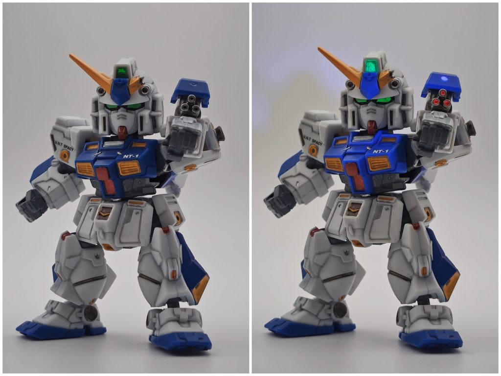 ここで原作っぽいガトリング発射ポーズ。折れたツノもEXパーツとして入っています。折れた部分だけ水性アクリルマーカーのチョイ塗りでダメージ感を。&nbsp;そしてガトリングの銃口は、UVを当てた時「だけ」赤く発光します✨️向かって左側がUVライトオフ、右側がオン状態。そんな特殊な塗料を、フォローしているライガさんのターンⅩ（ブラックメタリックver）の投稿で教えて頂き、使用しました。「マジックルミノペイント」という塗料です。&nbsp;ライガさんのターンX、メチャメチャカッコ良いので、もしご覧になっていない方は是非ご覧下さい👍️✨️&nbsp;&nbsp;