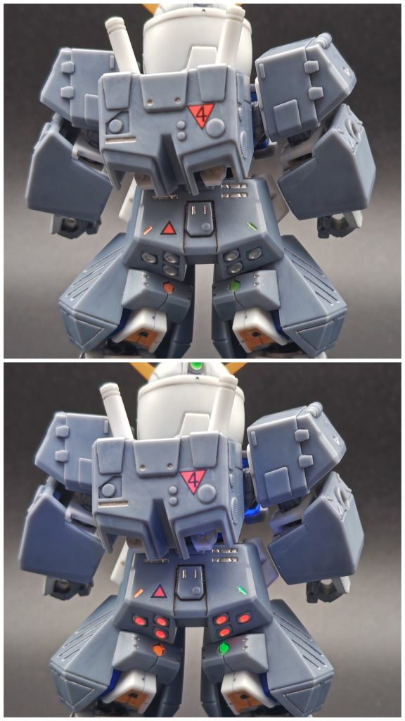 冬服背面です。チョバムアーマーのお尻バーニアもマジックミノルペイントを楊枝で点塗りしました。ナウシカの蟲の眼の色の変化とかにも使えそうですね。しっかり赤く光ってくれるので気に入っています。