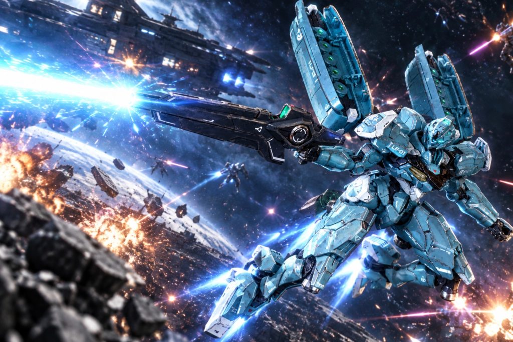 AI画像その2　(ChatGPT)宇宙の戦場のシーンこの機体はやっぱり宇宙空間が似合うかな