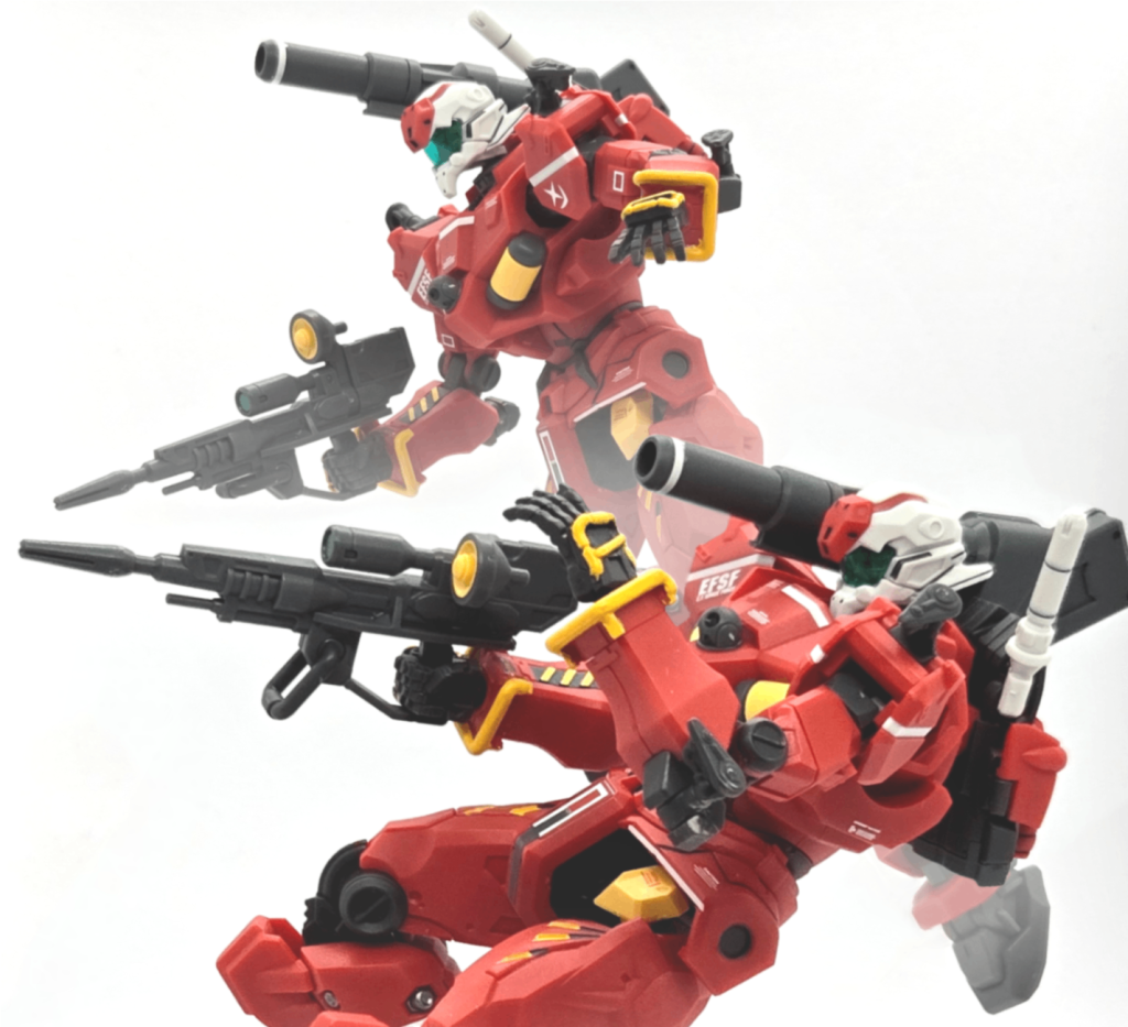 M.A.V.戦術風の写真。中距離から近距離まで戦える軽キャノン。2機の息がピッタリ合って互いにカバーできたらさぞ強いんでしょうが、劇中だと特に活躍もなく撃破されるだけの悲しき機体…キット化されたのが奇跡なくらいに活躍が無いですが大好きな機体なのでキット化発表された当時は本当に嬉しかった。
