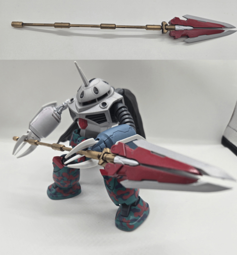 槍。ジャスティスの強化モードに合わせて。こちらもコトブキヤの武器キットに塗装しただけですが、人魚の魔女が叛逆の物語で杏子の槍を使うシーンをイメージして杏子風に塗装しています。