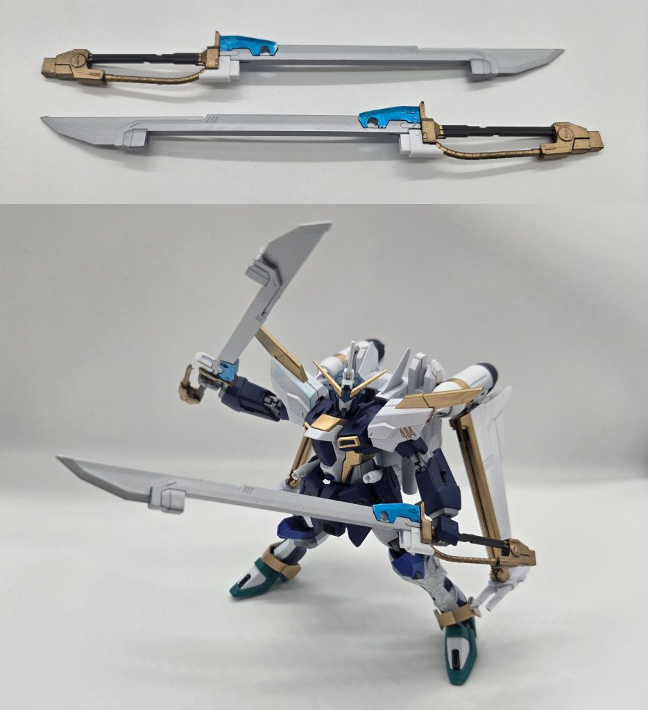 武器。ソードストライカーの対艦刀を二本、さやかの剣風に塗装しています。通常時はビームが無い状態で実体剣として、強化モード（後述）ではビームを展開して使う設定です。