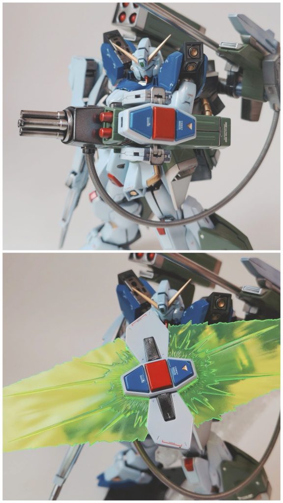ガンダムヘビーアームズをイメージした左腕にガドリング式4連ビーム砲＋携行式ビームシールドを装備。火力と防御力の欲張りセット。