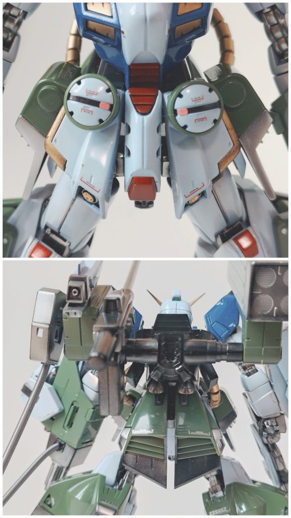 フロントアーマーにEタイプのレドーム。増えた武装の火器管制を補助してくれるイメージ。背部はHタイプのパックパックにSタイプの長距離キャノンパックを更に取り付けた改造型バックパック。武器を１箇所に集中させ、緊急時にはキャノンパックを外して機動力を向上させる。