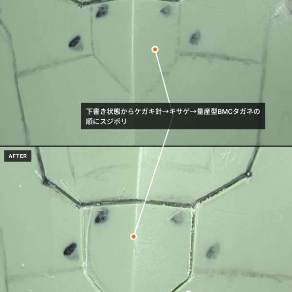 ご覧いただきありがとうございます！継続朝活もついに92日目となりました。現在製作中のHGUCゾックとリックドム(GQ)のミキシング機体ですが、今回は全体の密度感を決定づける肝、「胴体のスジ彫り」です。​スジ彫りツールには様々な種類がありますが、「どのツールを、どの順番で使い分ければ一番綺麗に仕上がるのか？」と迷うことはありませんか？過去30日以上、様々な組み合わせや力加減を試行錯誤した結果、ついに「失敗しにくく、最も美しいラインが引ける最強の順番」に落ち着いたので、そのノウハウを共有させていただきます！​手順は以下の4ステップです。​ニチバンクリアラインテープまずはガイド作りです。ゾックのような複雑な曲面には、追従性が高くたるまないニチバン製の曲線用テープが最適です。​ミネシマ精密ケガキ針テープに沿って、力を全く入れずに15回ほど優しく撫でて道（アタリ）を作ります。ここでいきなり太いタガネを使うと、刃が逃げて脱線する原因になります。​ミネシマキサゲ 25° 小 （★最大のポイント！）ケガキ針で生じたミクロの「バリ」や「毛羽立ち」を、キサゲで両側5回ずつなぞって削ぎ落とします。この一手間が、スジ彫りのクオリティを劇的に引き上げます。​量産型BMCタガネバリが無くなり滑らかになった溝を、タガネで両側5回ずつなぞり、底面を平らなU字に仕上げます。キサゲを通した後なので、タガネが全く引っかからずスムーズに進みます。​この順番を守れば、その後のガンダムマーカー等でのスミ入れが、毛細管現象で「スーッ」と走る最高の快感を味わうことができます！決して難しい技術ではなく、力を抜いて手順を守れば初心者の方でも綺麗なラインが引けるので、ぜひお試しください。​次回は、このラインテープを正確な長さに切り出し、緻密な位置決めをして貼り付けるのに役立っている「秘密のツール」を紹介する予定です。お楽しみに！YouTubeショート動画↓（2枚目）