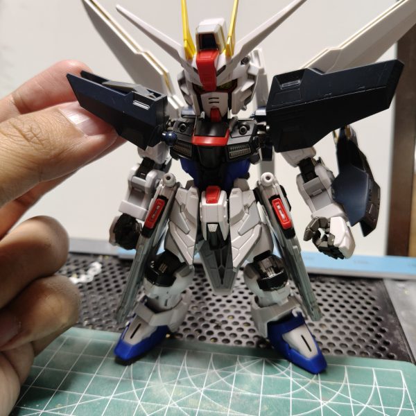 MGSDフリーダムをベースにしてHG1/144と旧1/100をミキシング頭部はフリーダムにプラ板とパテで肩、盾、リフレクターと脚、腕カバーは1/100からサテライトキャノンはHGに1/100の砲身を被せるようにして大型化胴体との接続はフリーダムの基部を移植して無理やりくっつけてます胸とサイドスカート、リアスカートはHG腰につけたサーベルはHGですが持たせるときには1/100ライフルはHGだと小さすぎる為1/100ただ、ジャンクで買った1/100に武器一式が付いてなかった為、自作&nbsp;（2枚目）