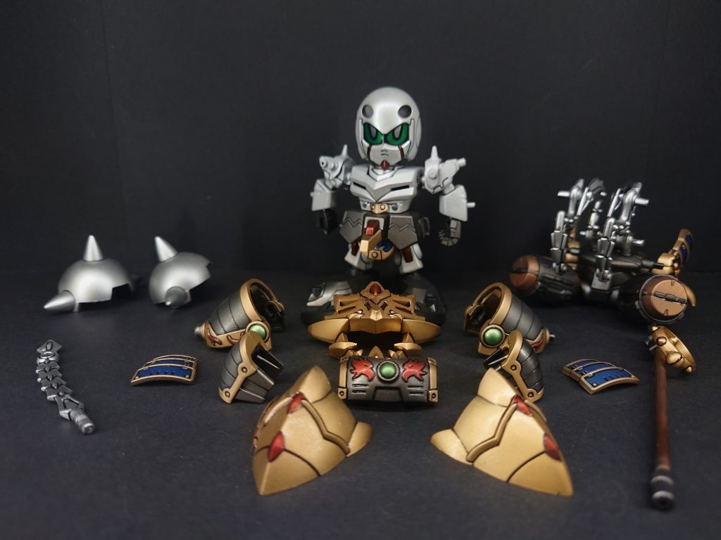 軽装形態と以下カラーレシピゴールド…スーパーリッチゴールド(C)シルバー…EXシルバー(G)レッド…プレミアムメタリックレッド深紅(G)ブルー…GXメタリックブルー(C)ガンメタル…スターブライトアイアン(G)グリーン…GXメタリックイエローグリーン(C)ブラウン…スーパーカッパー(C)ホワイト…パールホワイト(T)後、ダイヤモンドシルバー(C)下地…EXブラック(G)スミ入れ前クリア…Mr.スーパークリアーUVカットスプレー(光沢)(C)仕上げ…水性プレミアムトップコート UVカットスムースクリアー つや消し(C)(C)クレオス・(G)ガイアノーツ・(T)タミヤ以上で、エアブラシ、スプレー、筆塗りで全塗装しております。
