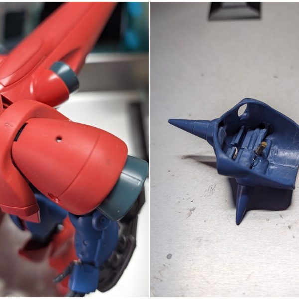 GQのシールドが取り回し良さそうケンプの肩アーマーを削って隙間が開かないよう調整、合わせ目消し、軸打ち頭部の淵(黒線部分)を削って調整（2枚目）