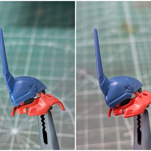 GQのシールドが取り回し良さそうケンプの肩アーマーを削って隙間が開かないよう調整、合わせ目消し、軸打ち頭部の淵(黒線部分)を削って調整（5枚目）