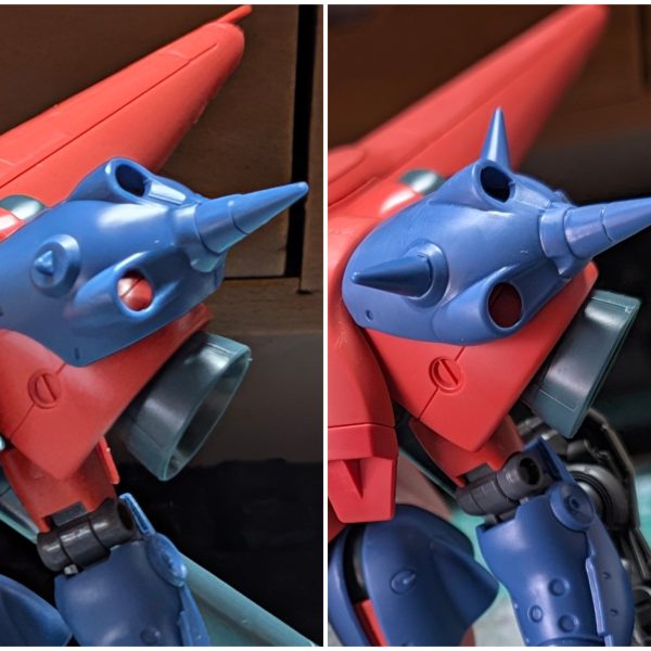 GQのシールドが取り回し良さそうケンプの肩アーマーを削って隙間が開かないよう調整、合わせ目消し、軸打ち頭部の淵(黒線部分)を削って調整（3枚目）