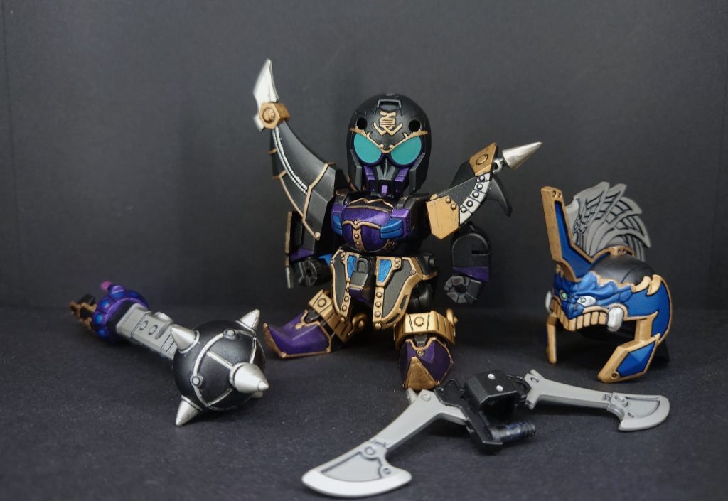 以下カラーレシピブラック…メタリックブラック(T)パープル…GXメタリックパープル(C)ブルー…メタリックブルー(T)ゴールド…レッドゴールド(GM)シルバー…シャインシルバー(GM)下地…フィニッシングサーフェイサー1500グレー仕上げ…Mr.スーパークルアつや消し(C)(T)タミヤ・(C)クレオス・(GM)ガンダムマーカー以上でエアブラシ、スプレー、筆塗りで塗装しております。