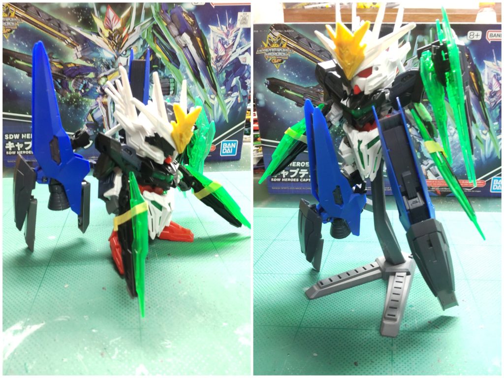 塗装前大型ブースターはテルティウムアームズのヒュージブースターほぼそのまま。申し訳程度にスラスターカバー？的なものを付けました。レッグブースターはハルートの最終決戦仕様のイメージです。GFソードライフルは荀彧ストライクノワールの双夜燕とBB戦士版のGNソードビットを合わせただけ。〈 使用マーカー〉ファントムグレー、サイコフレームホログリーン、オレンジ（ 調色）オレンジは、翔ROOMさんの動画で紹介されていた調色方法で作ってみました。（ イエロー✕2+蛍光ピンク✕1）