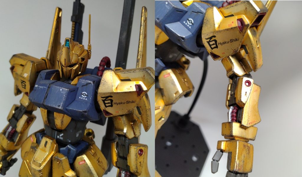 転写式の『百』がカッコいい。キット自体に手は加えてませんが、前腕部に目立つパーティングラインがあります。今思えばスジボリでごまかせばよかったかなと…