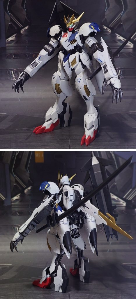 ガンダム・バルバトスルプスレクスの前後ろ。工作は、ゲート痕再処理、エッジ尖らせ、パーティングライン・段ズレ・ヒケの対処、面出し、肉抜き穴埋め、合わせ目消し、市販パーツの貼り付け・埋め込み、真鍮線埋め込みによる可動軸の補強を実施。