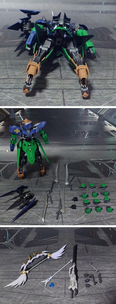下からのアングルと、付属品一式。手首は30MMオプションパーツセットから一式流用。手持ち武器には他社プラモから、ガンブレード“バルムンク”、式典用の弓矢を用意。ガンブレードは剣の刃が当たる瞬間や、刃を相手に食い込ませてからトリガーを引いて弾丸を爆発させ、その衝撃と振動を伝えてダメージを与える…という仕組みの武器です。(銃の弾が飛ぶわけではない)追加でリアスカートに3mm穴を空け、マウントラッチを用意。HGガンダムバルバトスの武器ラックも流用して、ダブルブレードをマウント可能にしました。
