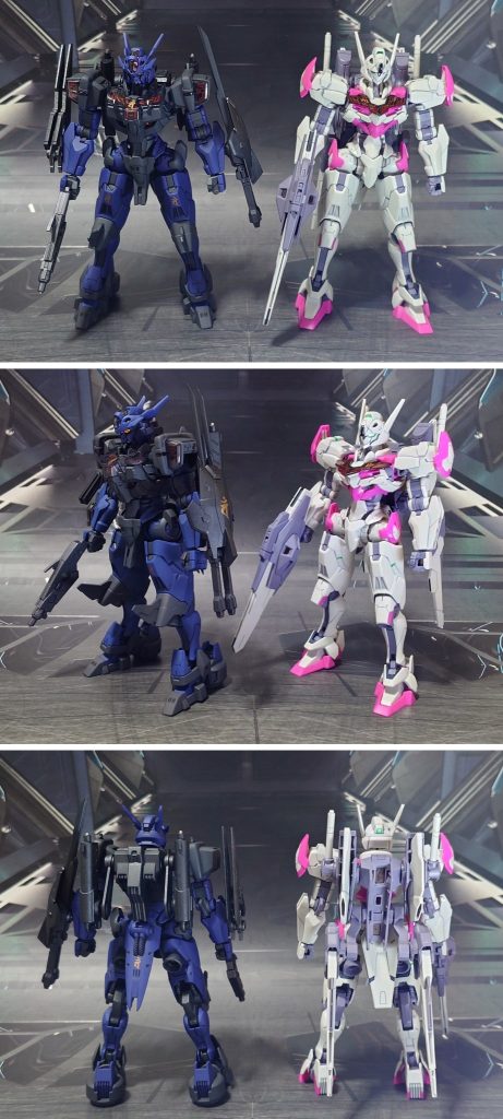 原型機、HGTWFMガンダムルブリスとの比較。■塗装レシピ・ガンダム・ルブリス・アノクタ青：黒サフ→ティターンズブルー2→光沢→つや消しグレー：黒サフ→ティターンズブルー1→光沢→つや消し黒：黒サフ→メタリックブラック→光沢→つや消し関節類グレー：黒サフ→MSグレー連邦系→光沢→つや消しシェルユニット：内部シールに光沢→クリアパーツに光沢放電エフェクト、投擲エフェクト：薄くベースホワイト→メタリックブルー→光沢頭部ツインアイ、センサー類：黒サフ→キット付属シールに光沢胸部金属パーツ：メタルプライマー→メタリックオレンジ→光沢その他墨入れ・部分塗装：ガンダムマーカー各種・30MMオプションパーツセット銀：黒サフ→シャインシルバー→光沢→つや消し濃グレー：黒サフ→MSグレー連邦系→光沢→つや消し武器類グリップ：黒サフ→光沢→つや消し