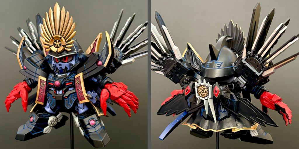 【 主な使用キット 】素体は織田信長頑駄無、頭は関羽ガンダム、マスクはベンジャミンV2、各所に信長エピオン等