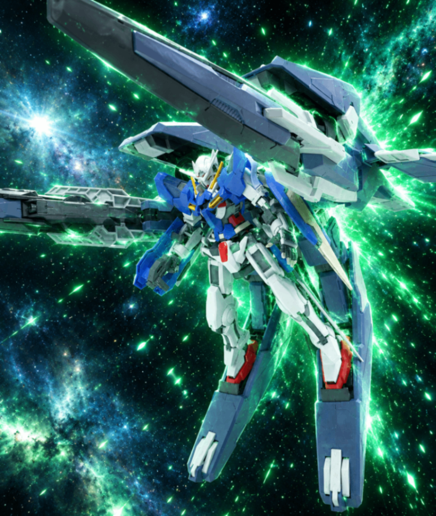 二つ目は、HGガンダムエクシア×GNアームズtype-EですGN粒子を噴出して加速し宇宙を駆け抜けているイメージですかね煌びやかなGN粒子は宇宙の真っ暗闇に映えますね