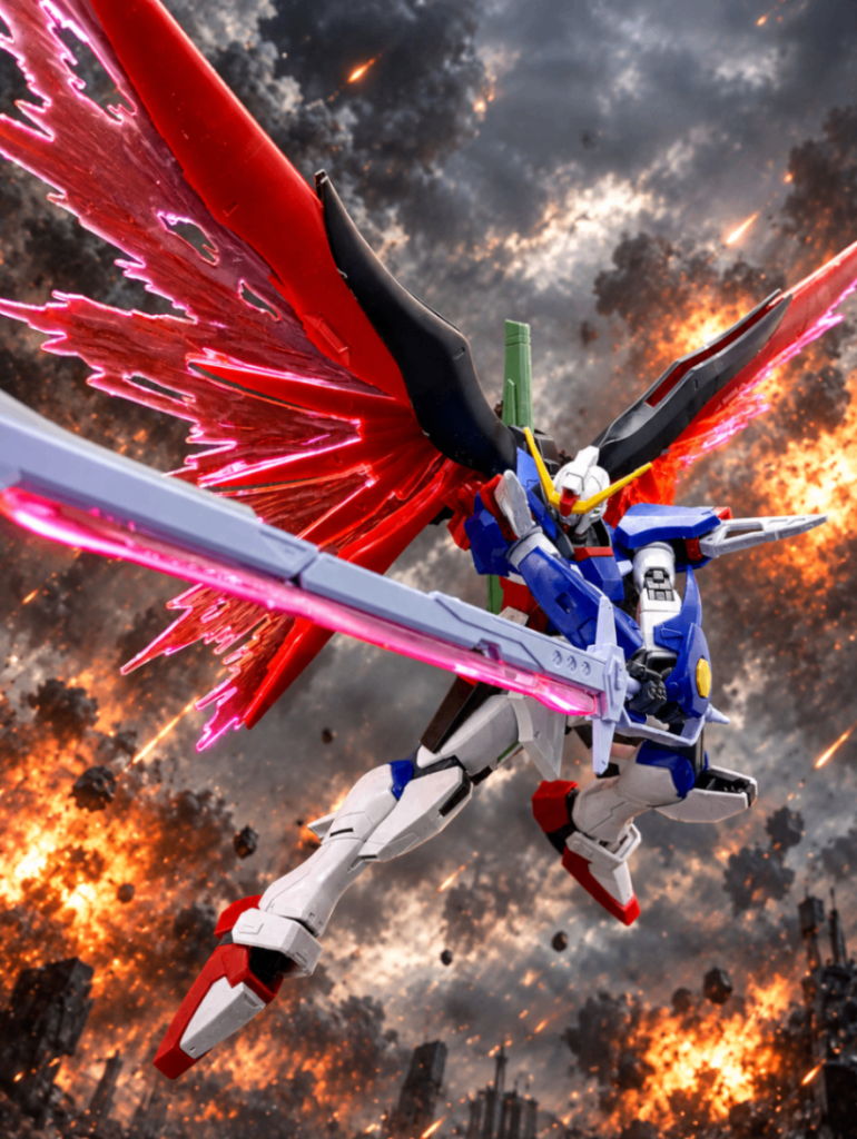 四つ目は、HGデスティニーガンダムです曇り空と爆風、というワードからこの背景を作ってもらいました曇り空は色々あってメンタルが限界のシンの心境を現してるつもりです僕はお願いしてないのですが、光の翼とアロンダイトのビーム刃が光ってるみたいになっててとてもかっこいいですね