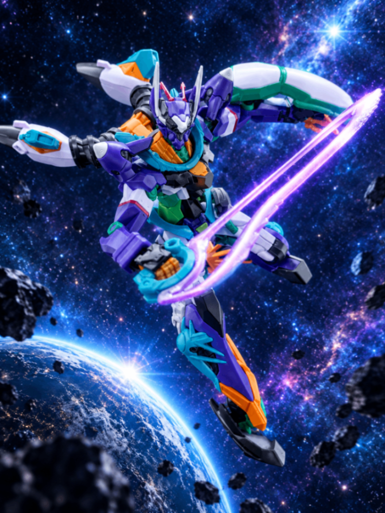 七つ目は、HGジフレドですただ宇宙空間にしてください、とだけお願いしたのですが、これもビームサーベルが光ってるみたいに加工されてますね…ChatGPTとても便利です